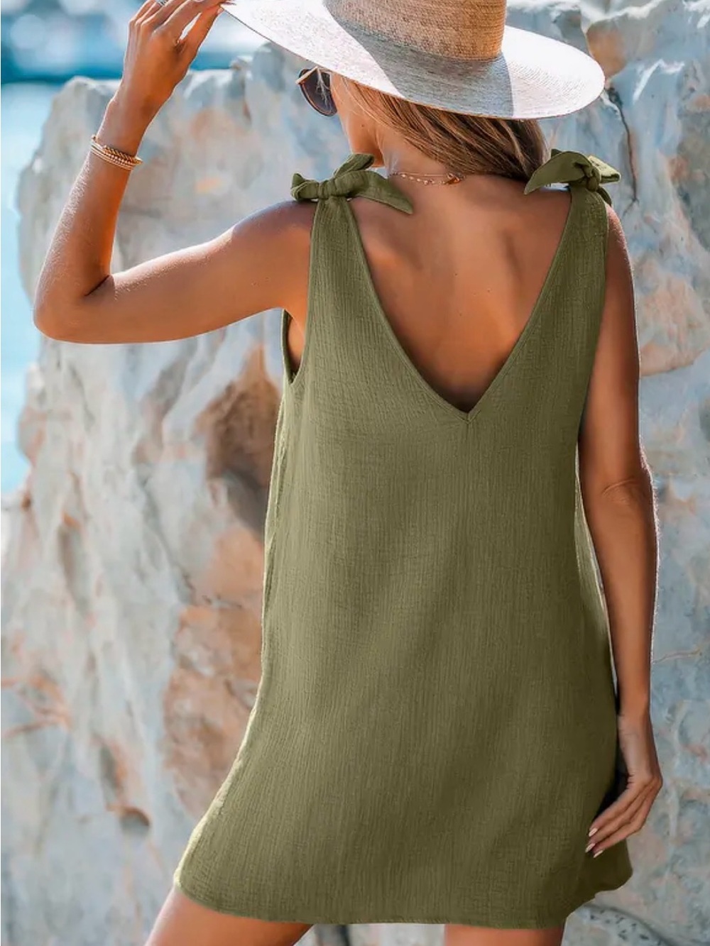 Cupshe Olive Green Tie-Shoulder V-Neck Mini Dress - Picture 2 of 6